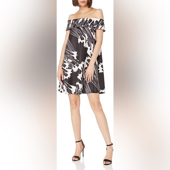 Halston Heritage Crocus Print Black White Off Shoulder Printed Swing Dress EUC 6 - Picture 1 of 11